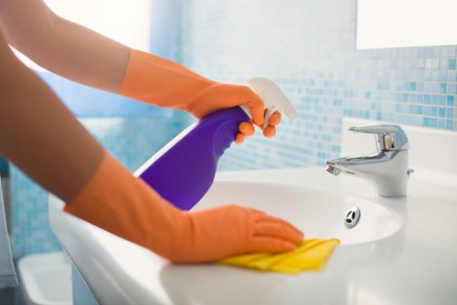 Local cleaner treating a sofa in a Bermondsey apartment